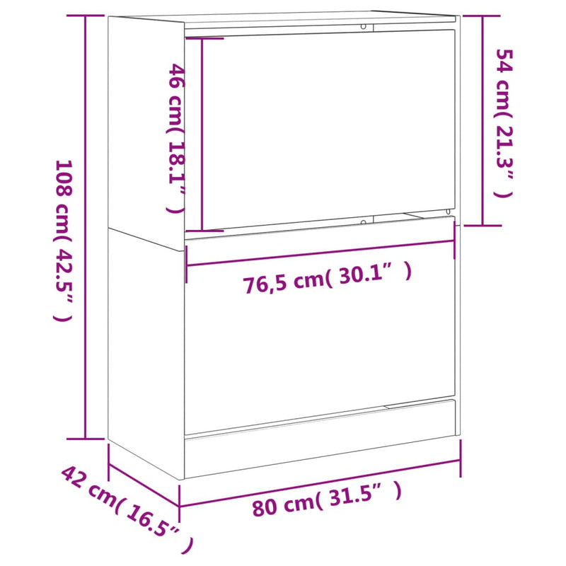 vidaXL fekete cipőszekrény 2 kihajtható fiókkal 80 x 42 x 108 cm