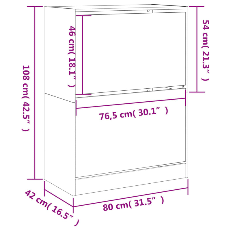 vidaXL sonoma tölgyszínű cipőszekrény 2 kihajtható fiókkal 80x42x108cm