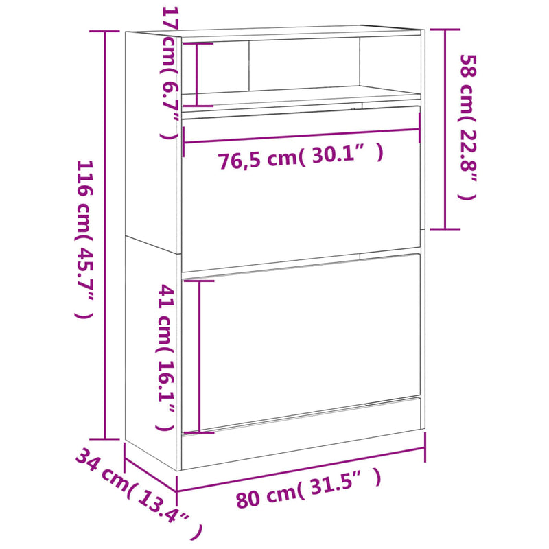 vidaXL füstös tölgy cipőszekrény 2 kihajtható fiókkal 80x34x116 cm