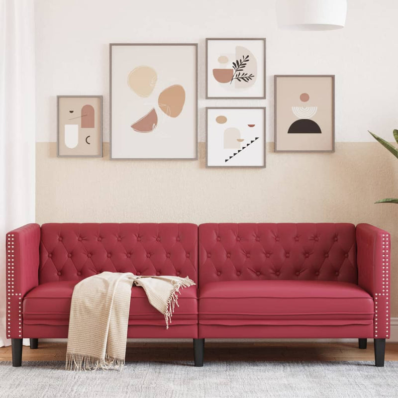 vidaXL 3 személyes bordó műbőr Chesterfield kanapé