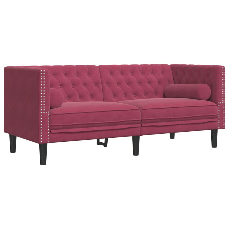 vidaXL 2 személyes bordó bársony Chesterfield kanapé hengerpárnákkal