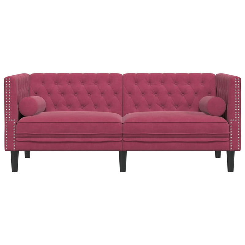 vidaXL 2 személyes bordó bársony Chesterfield kanapé hengerpárnákkal
