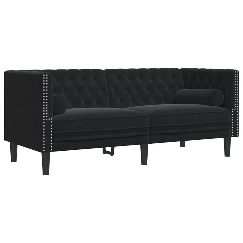 vidaXL 2 személyes fekete bársony Chesterfield kanapé hengerpárnákkal