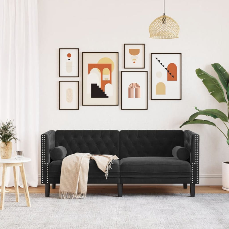 vidaXL 2 személyes fekete bársony Chesterfield kanapé hengerpárnákkal