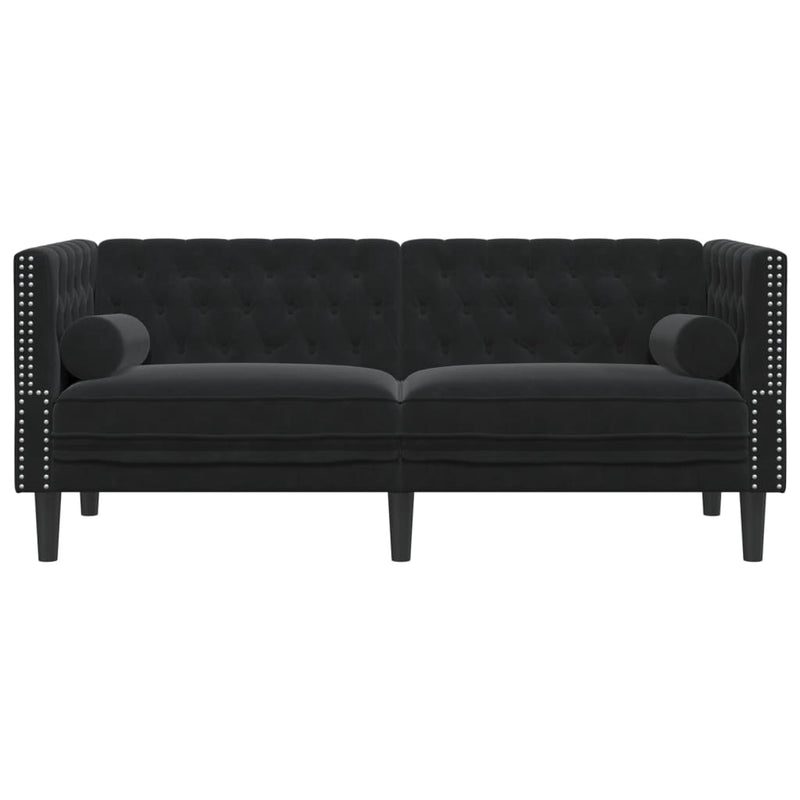 vidaXL 2 személyes fekete bársony Chesterfield kanapé hengerpárnákkal