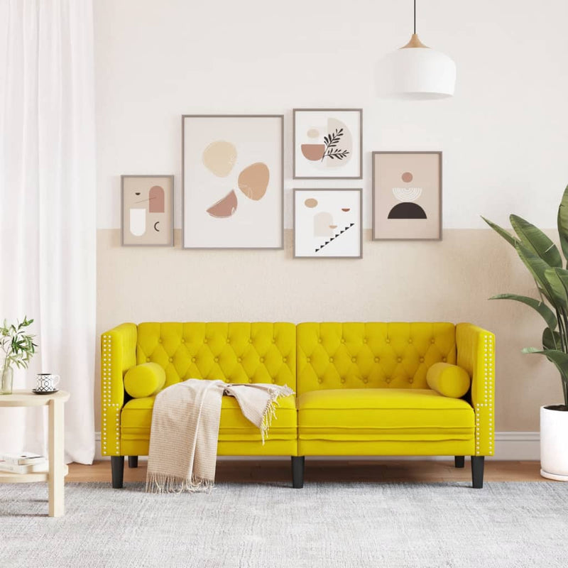 vidaXL 2 személyes sárga bársony Chesterfield kanapé hengerpárnákkal