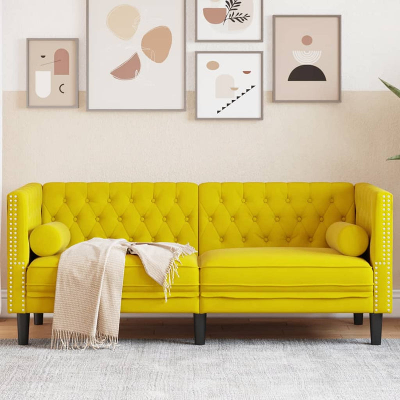vidaXL 2 személyes sárga bársony Chesterfield kanapé hengerpárnákkal
