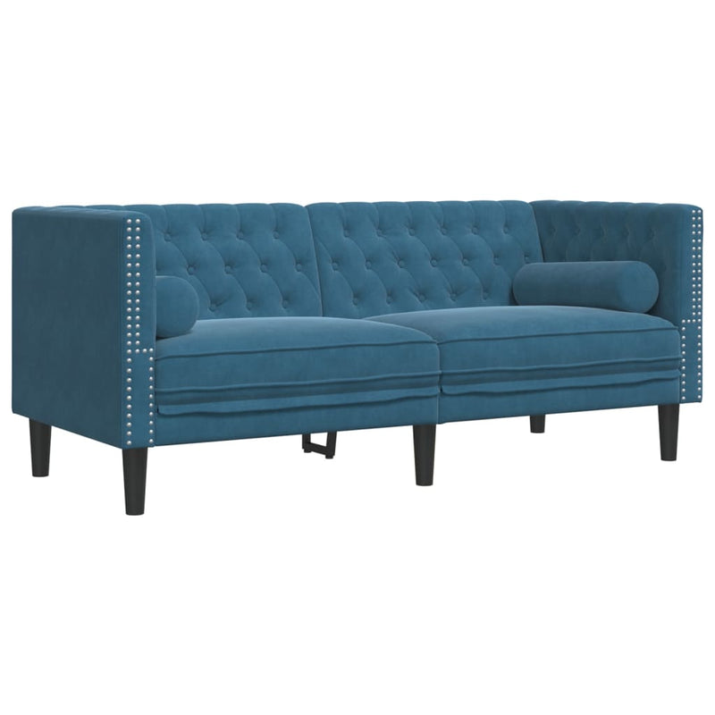 vidaXL 2 személyes kék bársony Chesterfield kanapé hengerpárnákkal