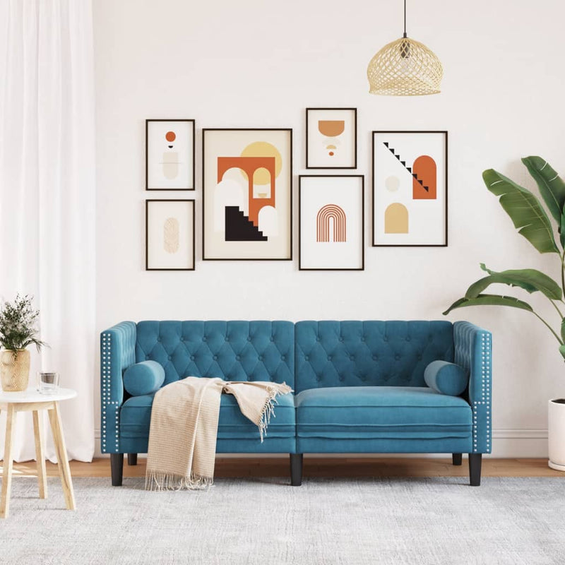 vidaXL 2 személyes kék bársony Chesterfield kanapé hengerpárnákkal