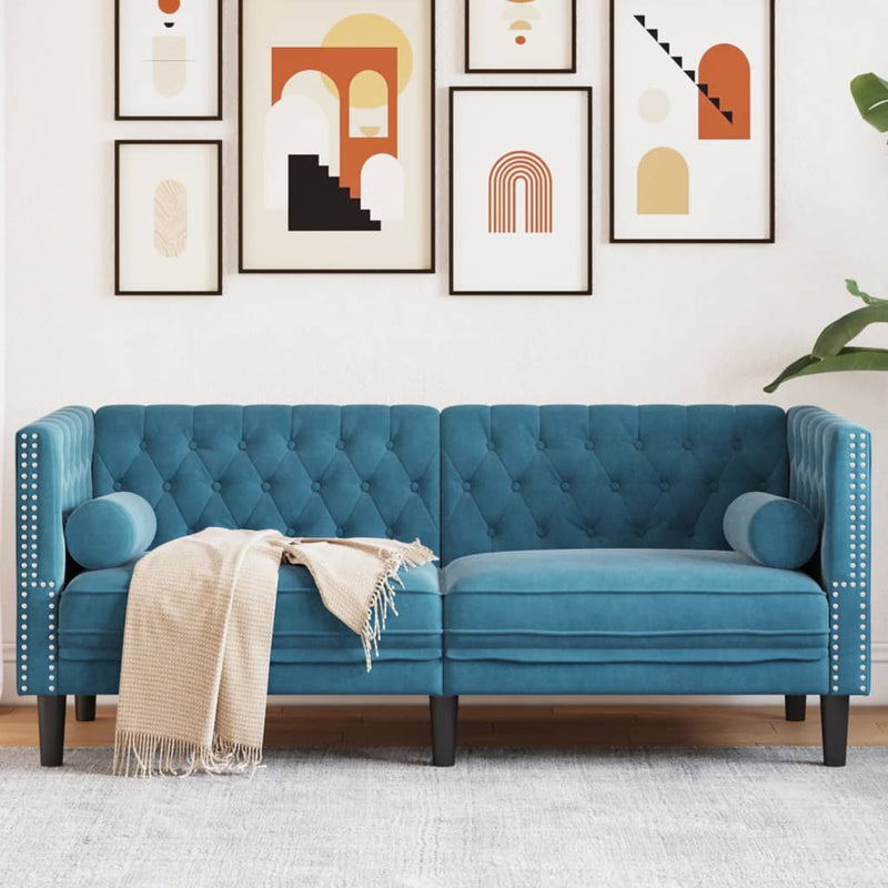 vidaXL 2 személyes kék bársony Chesterfield kanapé hengerpárnákkal