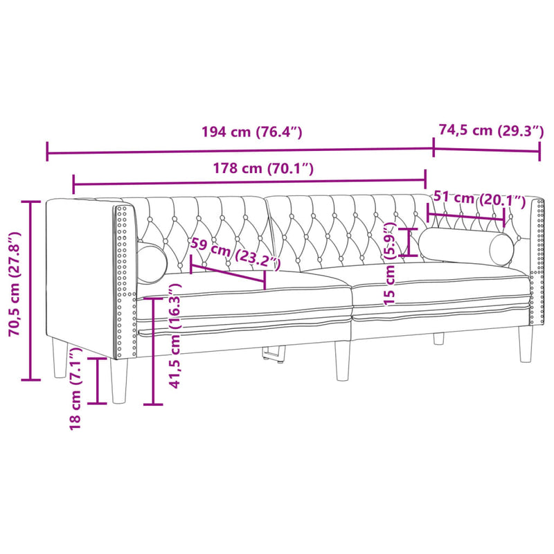 vidaXL 3 személyes sötétszürke bársony Chesterfield kanapé párnákkal