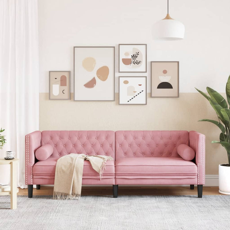 vidaXL 3 személyes rózsaszín bársony Chesterfield kanapé párnákkal