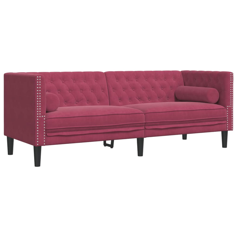 vidaXL 3 személyes bordó bársony Chesterfield kanapé hengerpárnákkal
