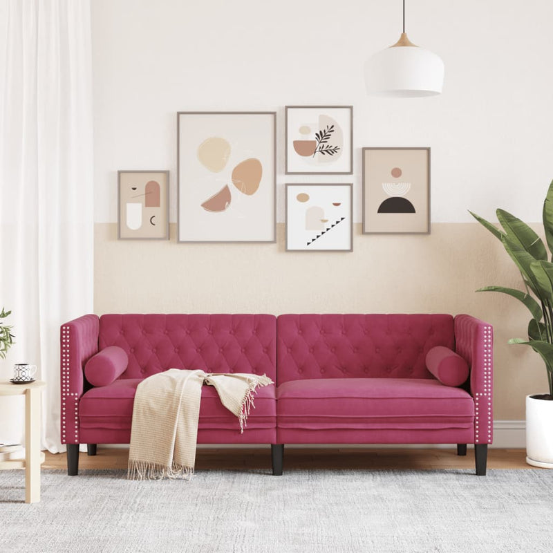 vidaXL 3 személyes bordó bársony Chesterfield kanapé hengerpárnákkal