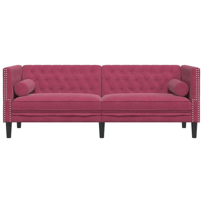vidaXL 3 személyes bordó bársony Chesterfield kanapé hengerpárnákkal
