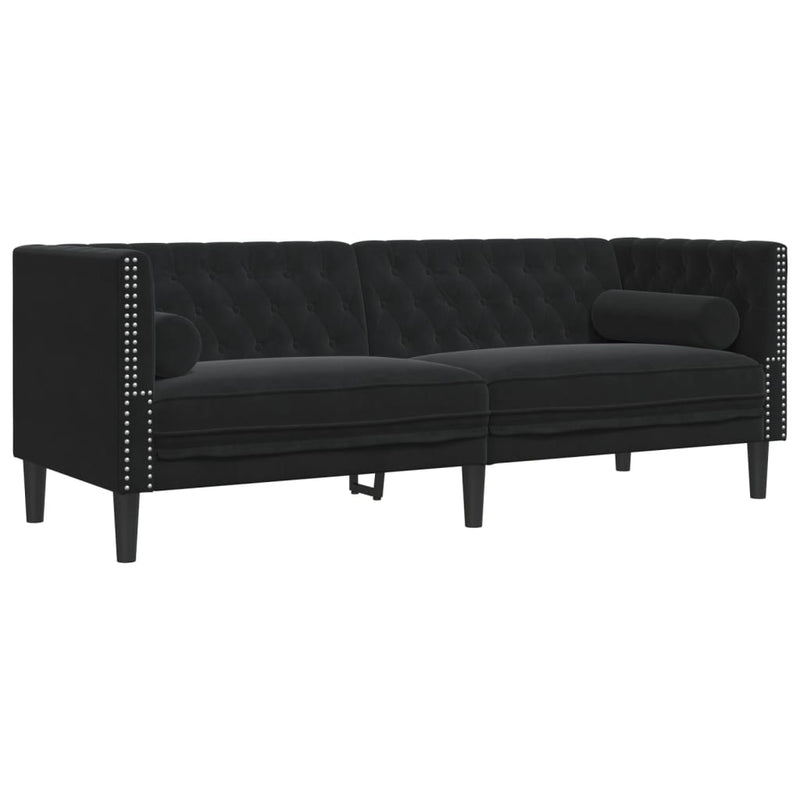 vidaXL 3 személyes fekete bársony Chesterfield kanapé hengerpárnákkal