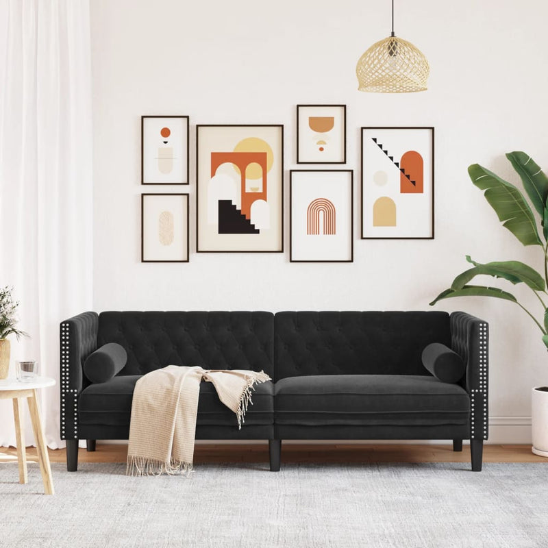 vidaXL 3 személyes fekete bársony Chesterfield kanapé hengerpárnákkal