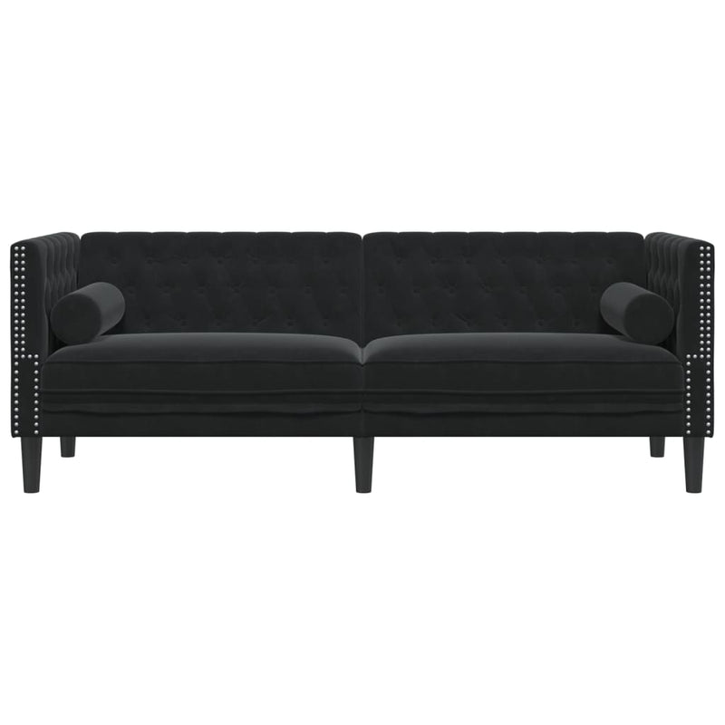 vidaXL 3 személyes fekete bársony Chesterfield kanapé hengerpárnákkal