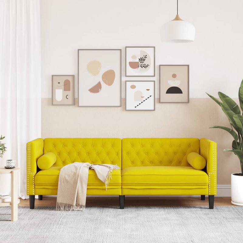 vidaXL 3 személyes sárga bársony Chesterfield kanapé hengerpárnákkal