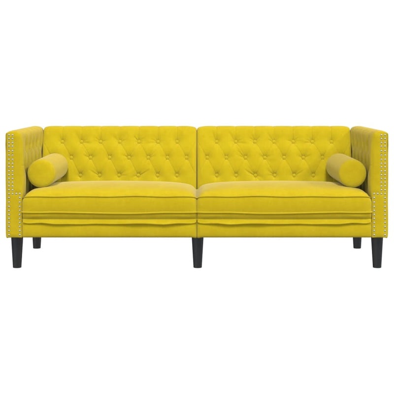 vidaXL 3 személyes sárga bársony Chesterfield kanapé hengerpárnákkal