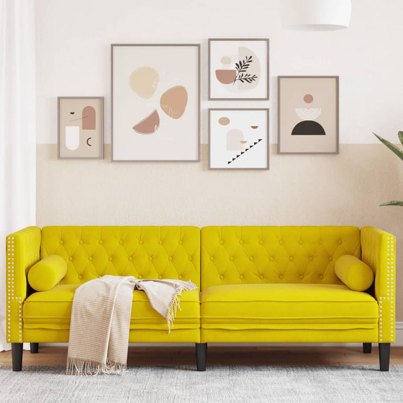 vidaXL 3 személyes sárga bársony Chesterfield kanapé hengerpárnákkal