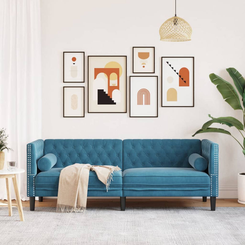 vidaXL 3 személyes kék bársony Chesterfield kanapé hengerpárnákkal