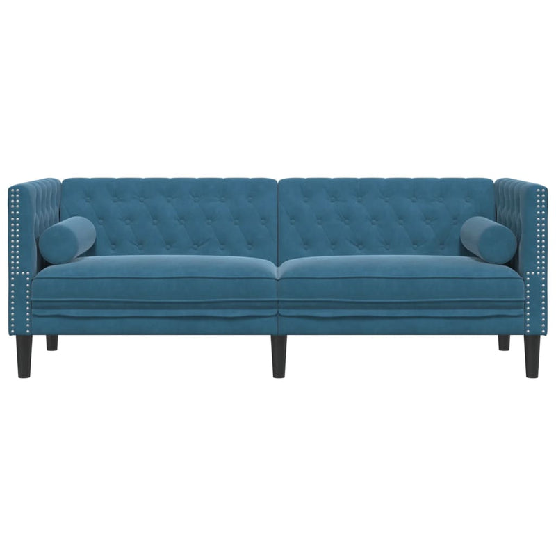 vidaXL 3 személyes kék bársony Chesterfield kanapé hengerpárnákkal