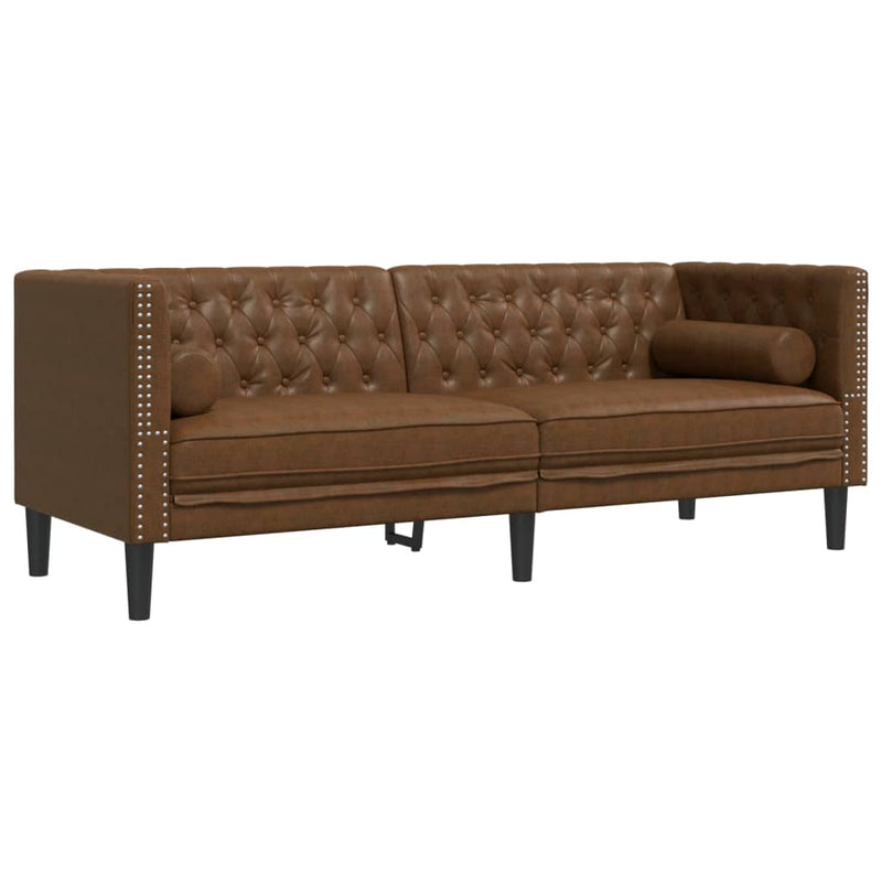 vidaXL 3 személyes barna műbőr Chesterfield kanapé hengerpárnákkal