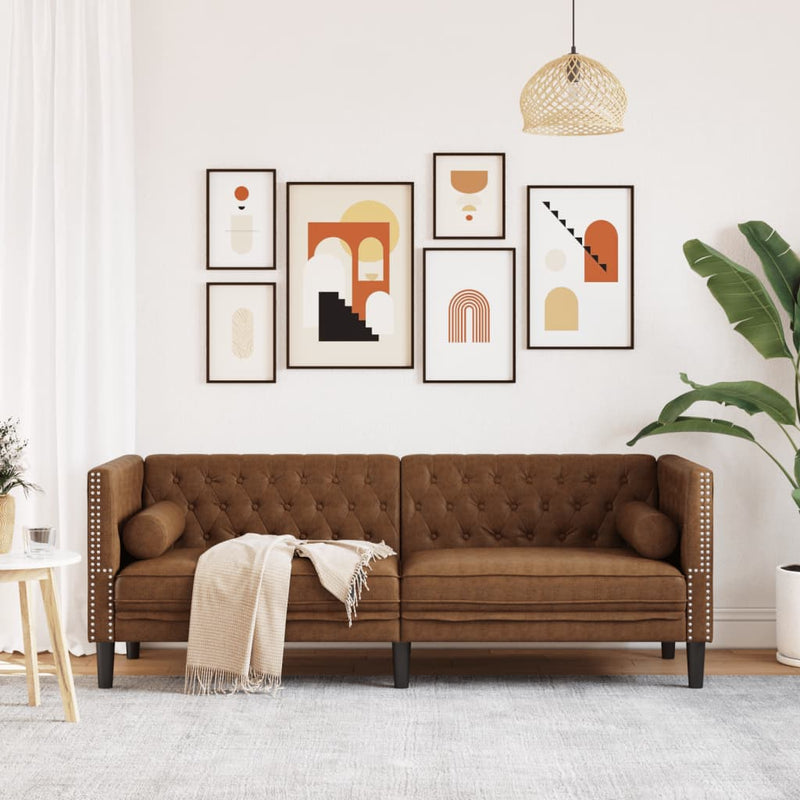 vidaXL 3 személyes barna műbőr Chesterfield kanapé hengerpárnákkal