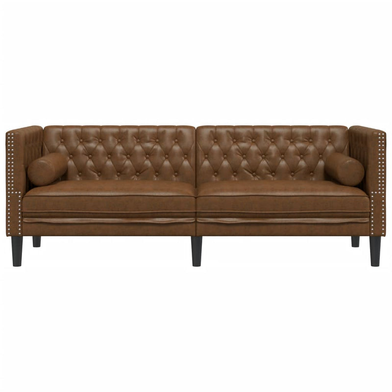 vidaXL 3 személyes barna műbőr Chesterfield kanapé hengerpárnákkal