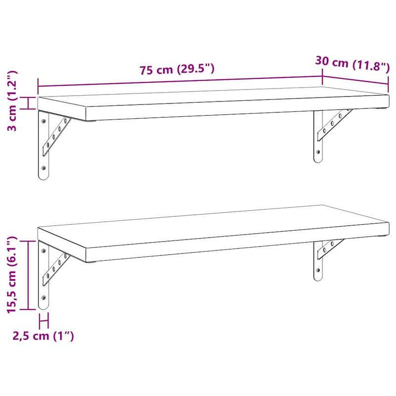 vidaXL 2 db ezüstszínű rozsdamentes acél fali polc 75 x 30 cm