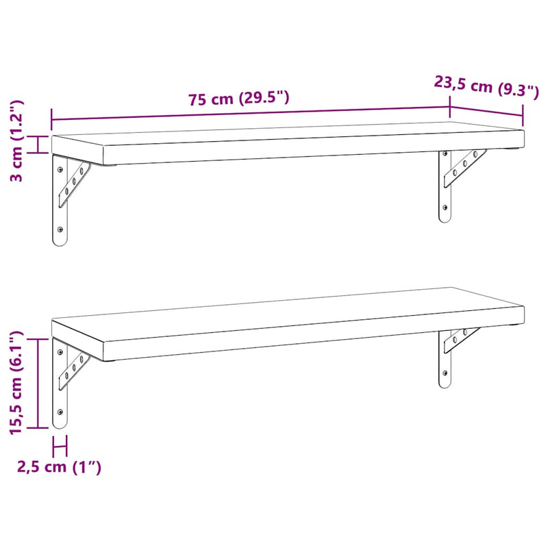 vidaXL 2 db fekete rozsdamentes acél fali polc 75 x 23,5 cm