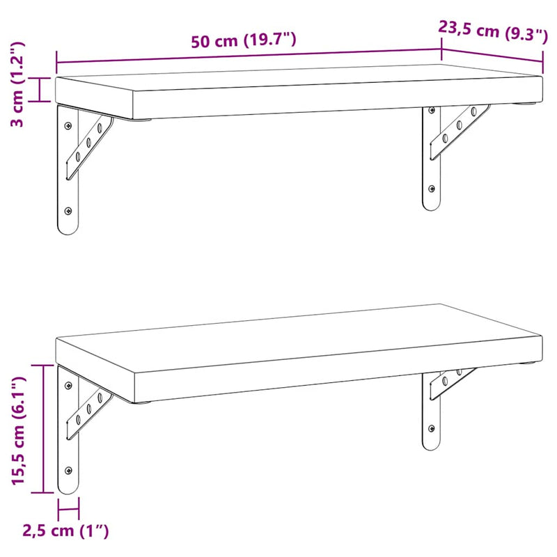 vidaXL 2 db fekete rozsdamentes acél fali polc 50 x 23,5 cm