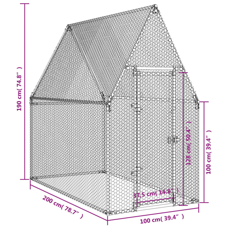 vidaXL szürke horganyzott acél csirkeketrec 200x100x190 cm