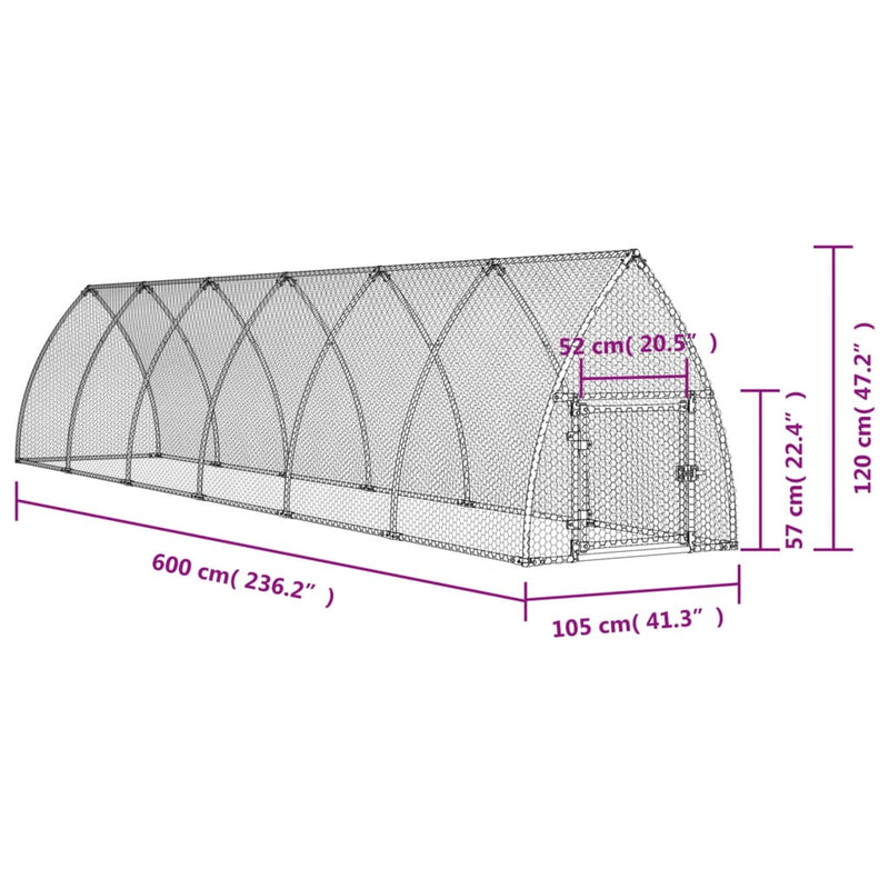 vidaXL szürke horganyzott acél csirkeketrec 600x105x120 cm