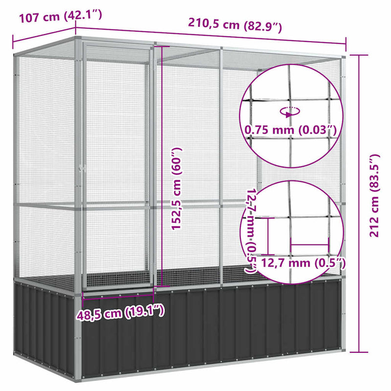 vidaXL ezüstszínű acél madárház 210,5 x 107 x 212 cm