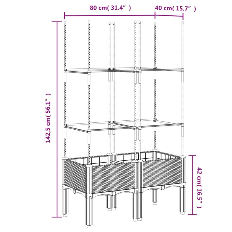 vidaXL fekete polipropilén rácsos kerti ültetőláda 80 x 40 x 142,5 cm