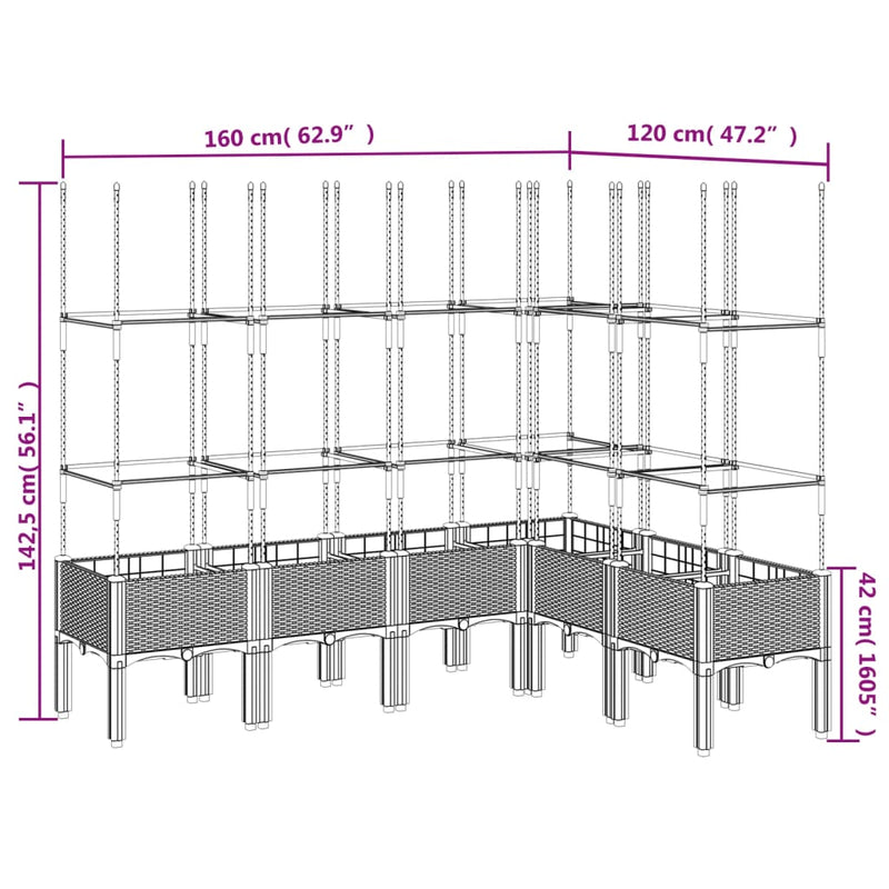 vidaXL szürke PP rácsos kerti ültetőláda 160 x 120 x 142,5 cm