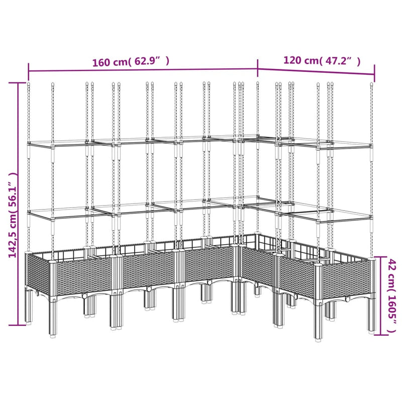 vidaXL fekete polipropilén rácsos kerti ültetőláda 160x120x142,5 cm