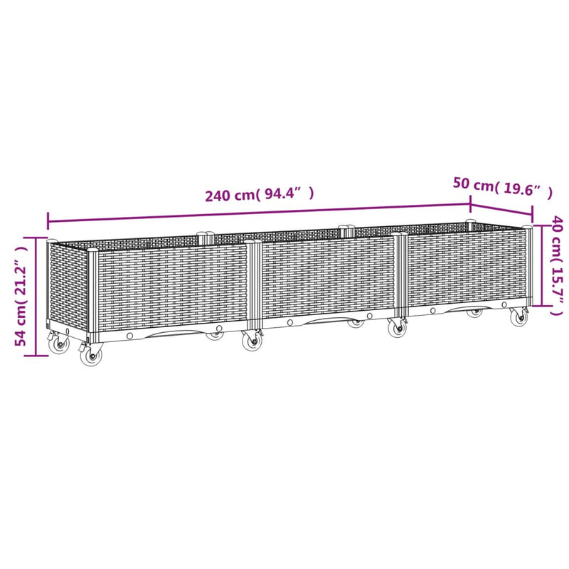 vidaXL világosszürke PP rácsos kerekes ültetőláda 240 x 50 x 54 cm