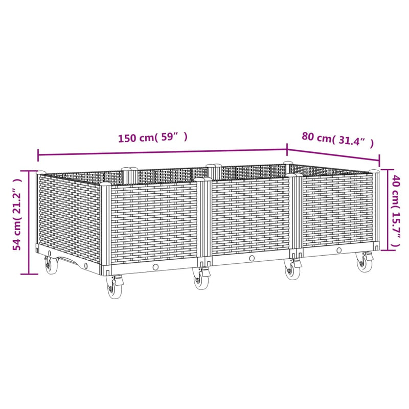vidaXL barna polipropilén rácsos kerekes ültetőláda 150 x 80 x 54 cm