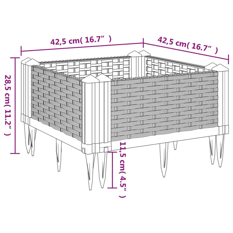 vidaXL fekete polipropilén kerti virágláda cövekekkel 42,5x42,5x28,5cm