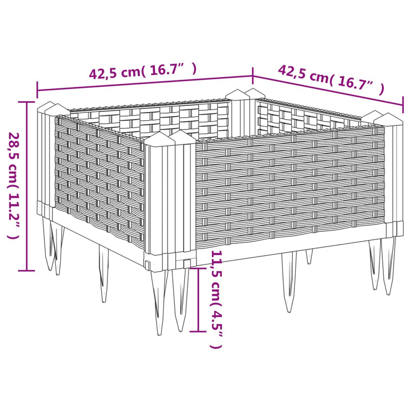 vidaXL szürke polipropilén kerti virágláda cövekekkel 42,5x42,5x28,5cm