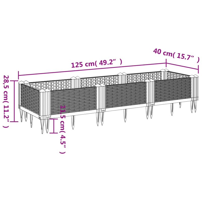 vidaXL szürke polipropilén kerti virágláda cövekekkel 125x40x28,5 cm