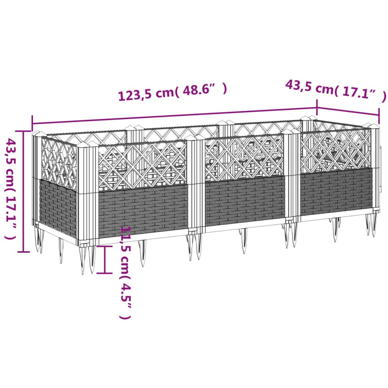 vidaXL fekete PP kerti virágláda cövekekkel 123,5 x 43,5 x 43,5 cm