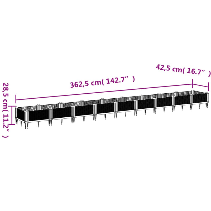 vidaXL fekete PP kerti virágláda cövekekkel 362,5 x 42,5 x 28,5 cm