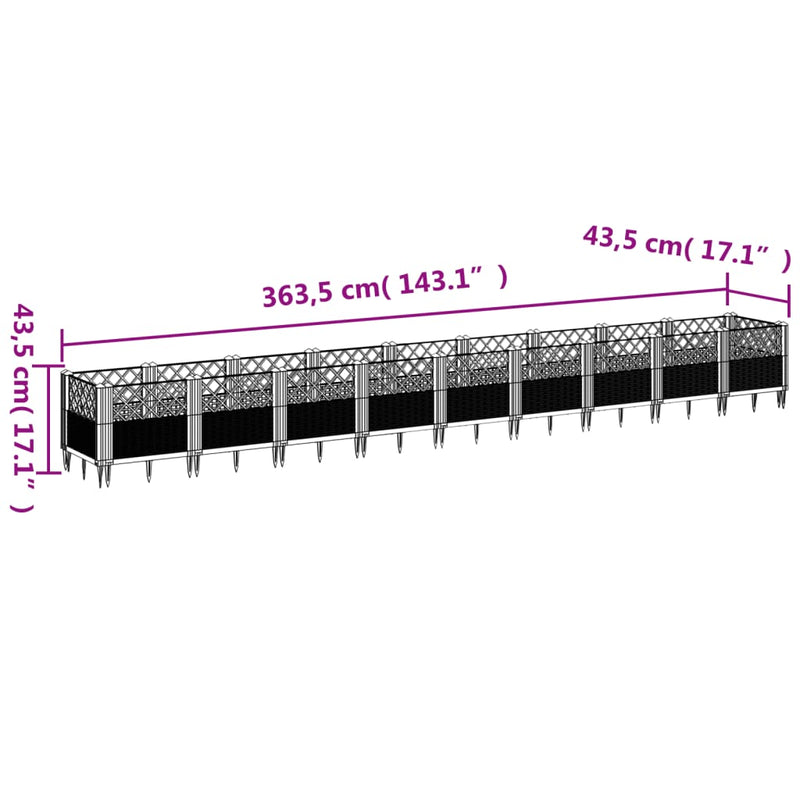 vidaXL szürke PP kerti virágláda cövekekkel 363,5 x 43,5 x 43,5 cm