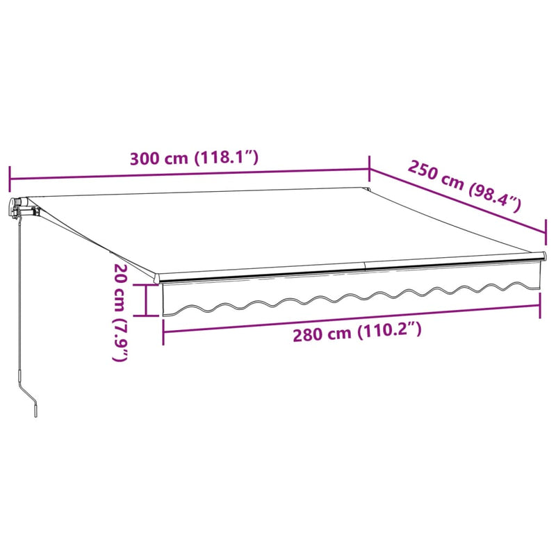 vidaXL burgundi vörös kézzel kihúzható LED-es napellenző 300 x 250 cm