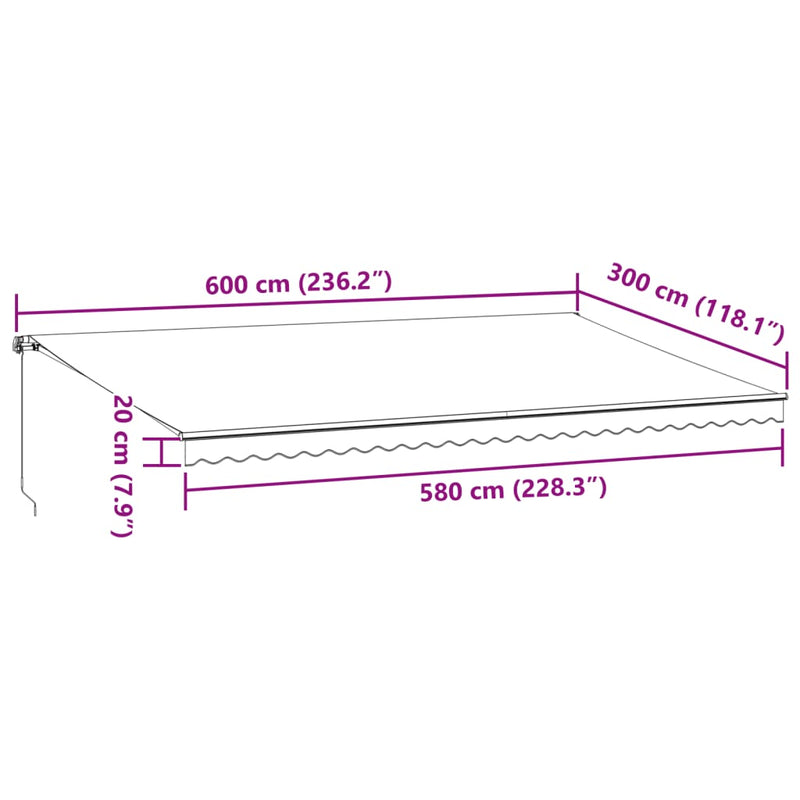 vidaXL burgundi vörös kézzel kihúzható LED-es napellenző 600 x 300 cm