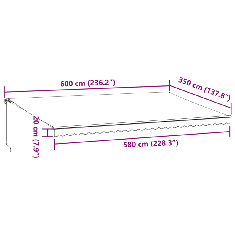 vidaXL burgundi vörös kézzel kihúzható LED-es napellenző 600 x 350 cm